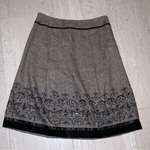 LOFT Gray A-Line Skirt with Black Embroidery